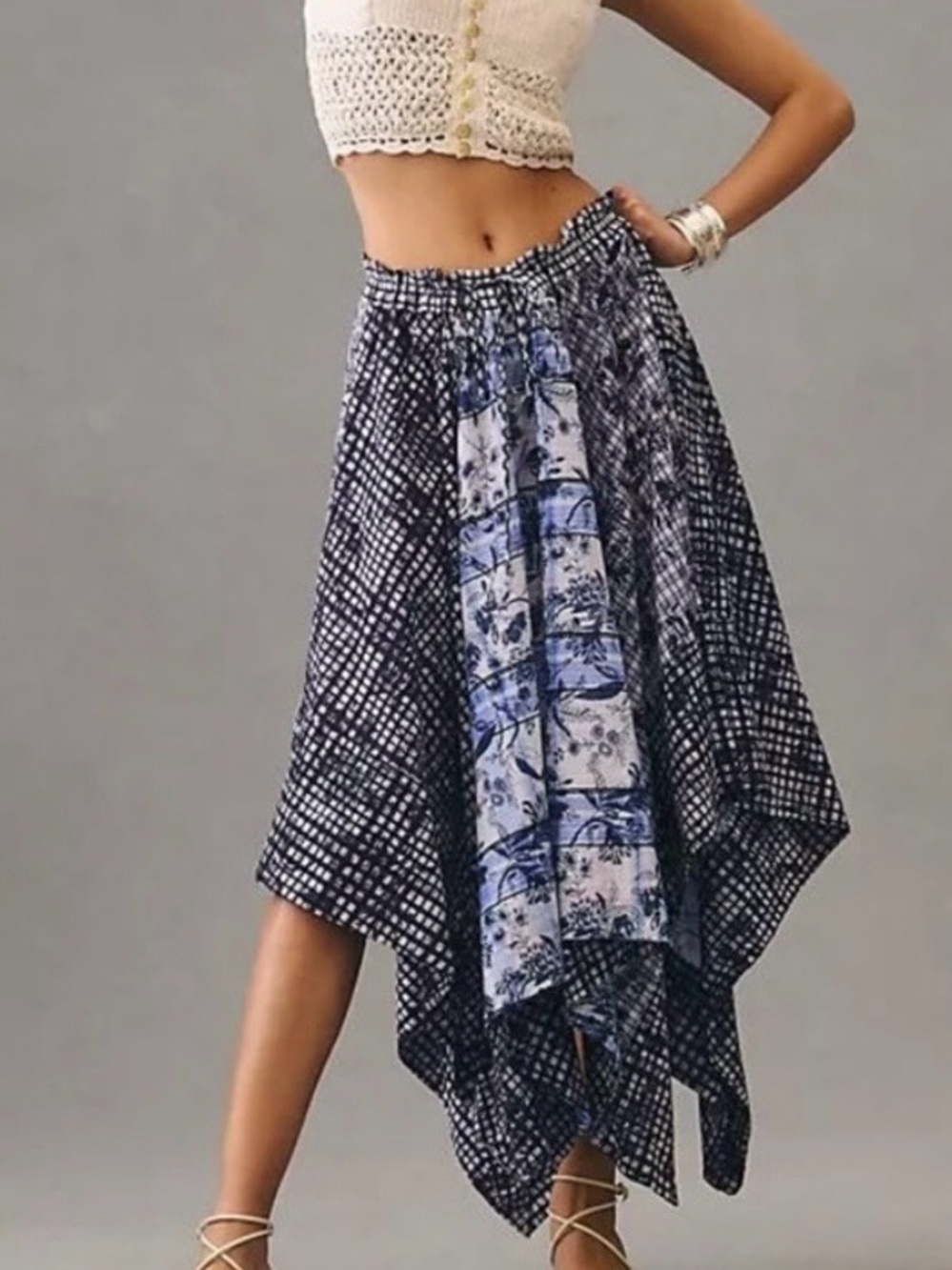 Pilcro Navy and Light Blue Asymmetrical Handkerchief Hem Skirt